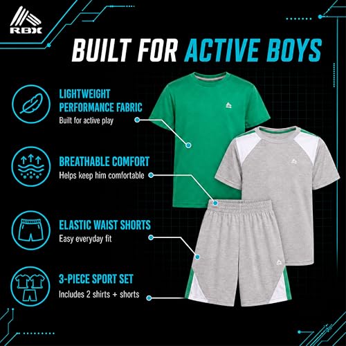 Image of RBX Boys Short Sets - 3 Piece Active Performance Short Sleeve Athletic Shirts and Gym Shorts With Elastic Waistband (4-12)
