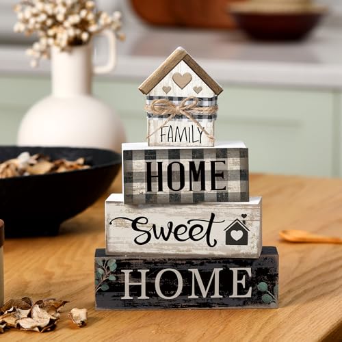Image of Moucuny 4 Pcs Farmhouse Table Decor Rustic Home Sweet Home Farmhouse Tiered Tray Decor Retro Wooden House Shaped Block Signs Housewarming Gifts Neutral Centerpiece for Kitchen Shelf
