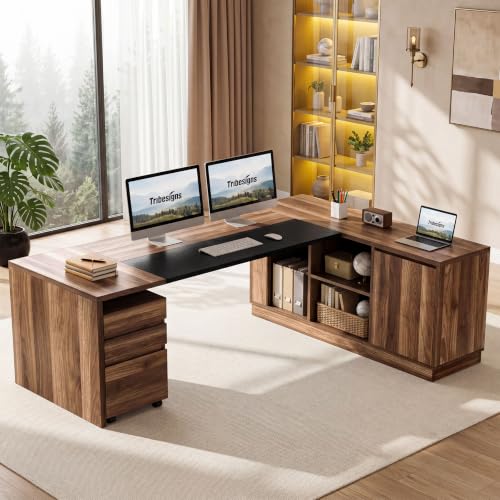 Image of Tribesigns 78.7-Inch L-Shaped Executive Desk with Mobile File Cabinet | Extra Large Office Desk with Under Desk Filing Cabinet, CPU stand, Open Shelves, and Storage Cabinet, Brown & Black