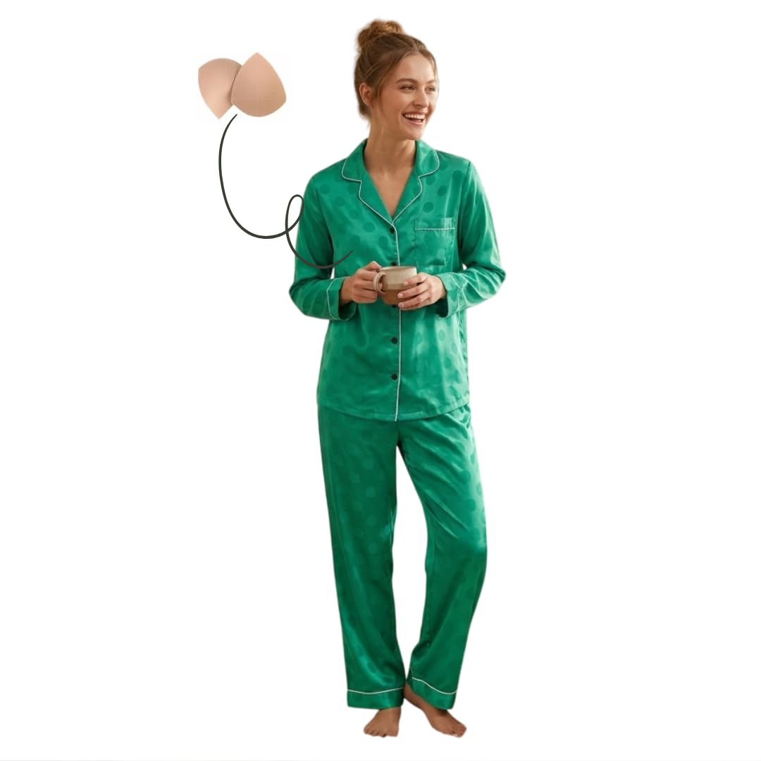 nohook Korean Style Braless Nightsuit with in-Built Pads for Women | Green Polka Dot Satin Pajama Set-picture-43