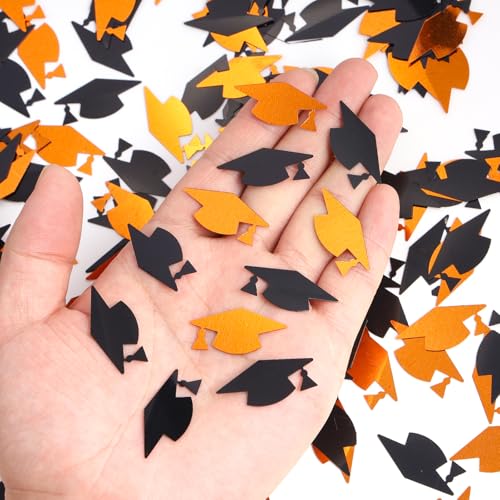 Image of Orange and Black Graduation Cap Confetti 2026, Class of 2026 Table Centerpiece Grad Confetti for 2026 Graduation Party Decorations Supplies