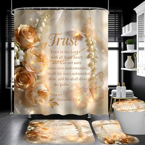 4 Piece Inspirational Quotes Shower Curtain Set with Rugs Elegant Champagne Gold Floral Butterfly Bathroom Decor Waterproof Fabric Bath Curtain with Non-Slip Bath Mat U-Shape Rug & Toilet Lid Cover