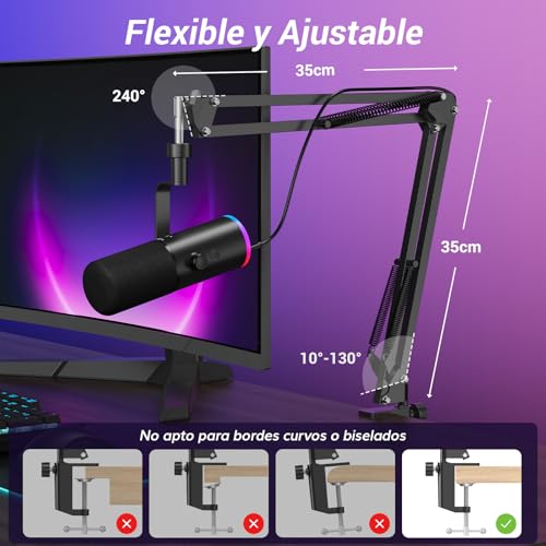 Miniatura 8 de Tonor Microfono De Gaming Dinámico Para Pc, Micrófono Cardioide Streaming Xlr Usb Con Brazo Para Podcast Estudio, Cancelación De Ruido Ia,Rgb Controlable,Conector Auriculares 3,5 Mm,Negro,Td510 Air H