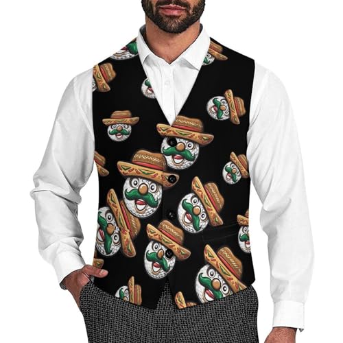 Funny Golf Ball Mustache Mexican Men's Suit Vest Waistcoat Vests Formal Dress with 2 Pockets for Business Casual Tuxedo