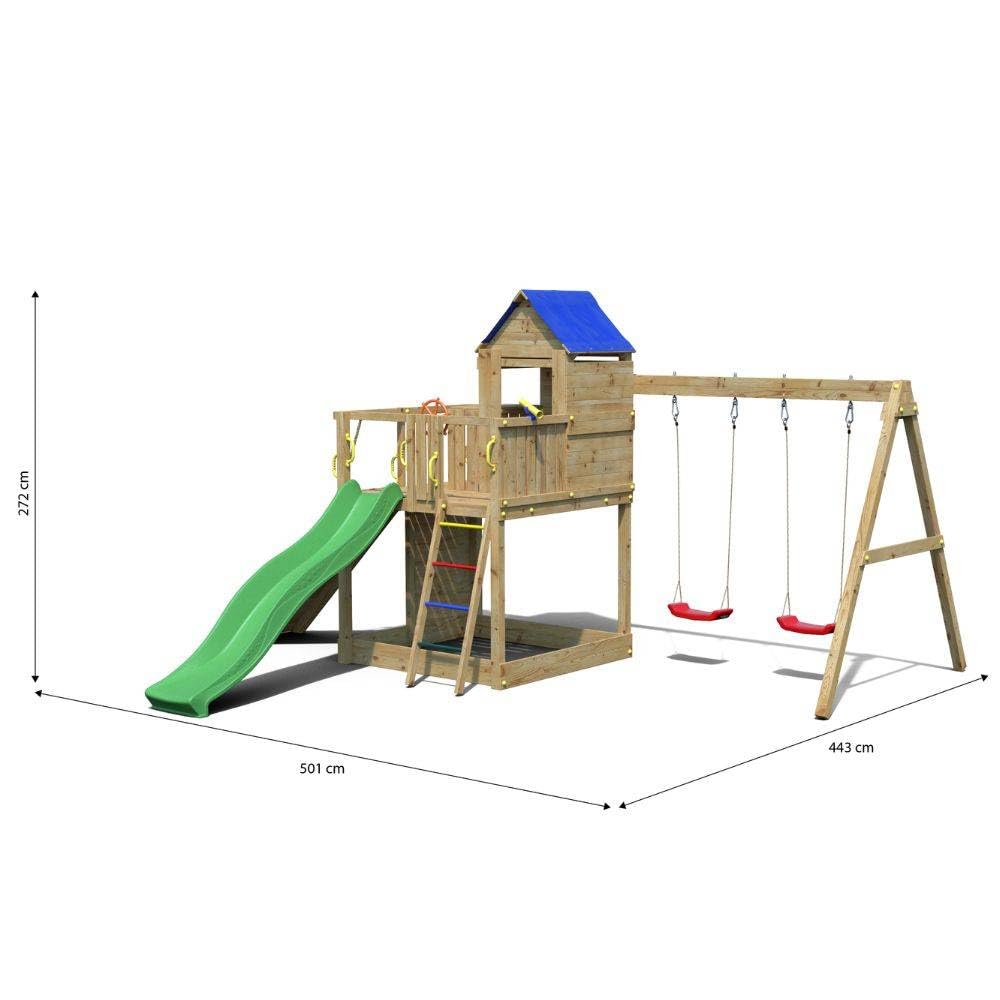 Casetta da Giardino per Bambini Fungoo Treehouse 3 – Parco Giochi in Legno con Altalene, Scivolo 2,2 m, Arrampicata e Accessori – Uso Privato – Disponibile da Agosto 2025