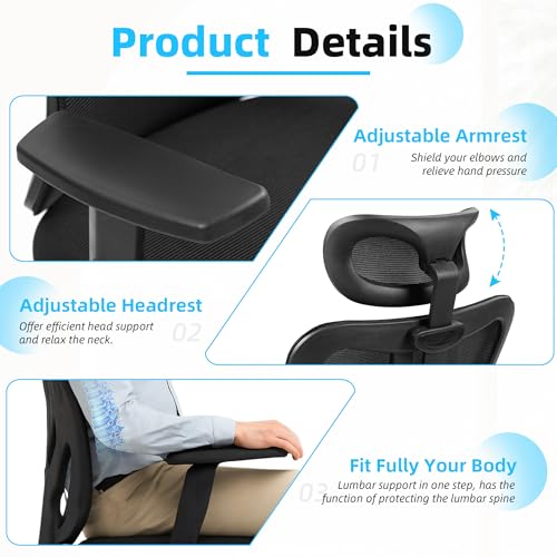 Image of ECOTOUGE Ergonomic High Back Office Chair, Floor Chair with Back Support, Big and Tall Office Chair with Adjustable Headrest, Gaming Chair Mesh Home Office /Study Chair, Black