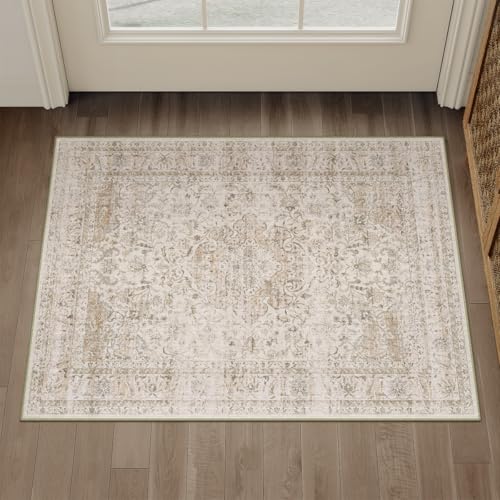 2x3 Washable Beige Vintage Area Rug for Entryway Non-Slip Low Pile Traditional Carpet Retro Distressed Soft Thin Door Mat Small Accent Throw Rug for Kitchen Entrance Bathroom Indoor