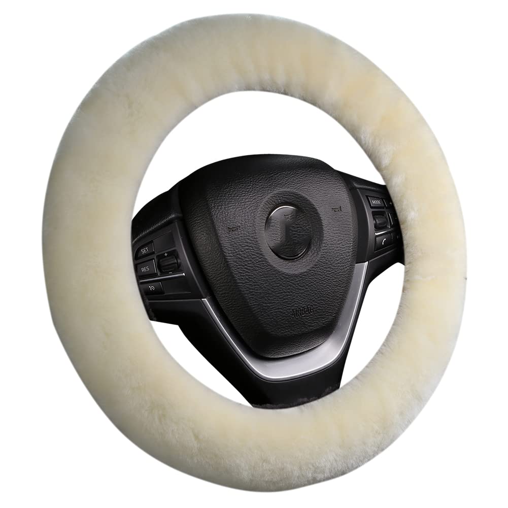 Fluffy Natural Fur Wool Sheepskin car Steering Wheel Cover for Universal Steering Wheel 35CM-42CM, Anti-Slip,Comforting and Luxurious, Soft Texture (Cream White)