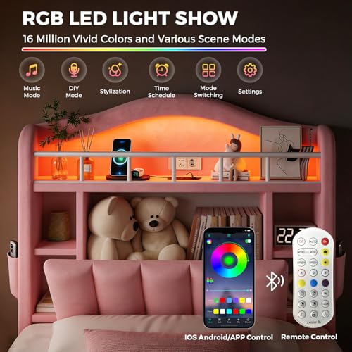 Image of Pink Twin Size LED Bed Frame with Storage Headboard, Upholstered Velvet Princess Bed for Girls with 5 Charging Ports (USB-C & AC), Hidden Privacy Compartment, Sturdy Aluminum Frame & 1 Silent Drawers