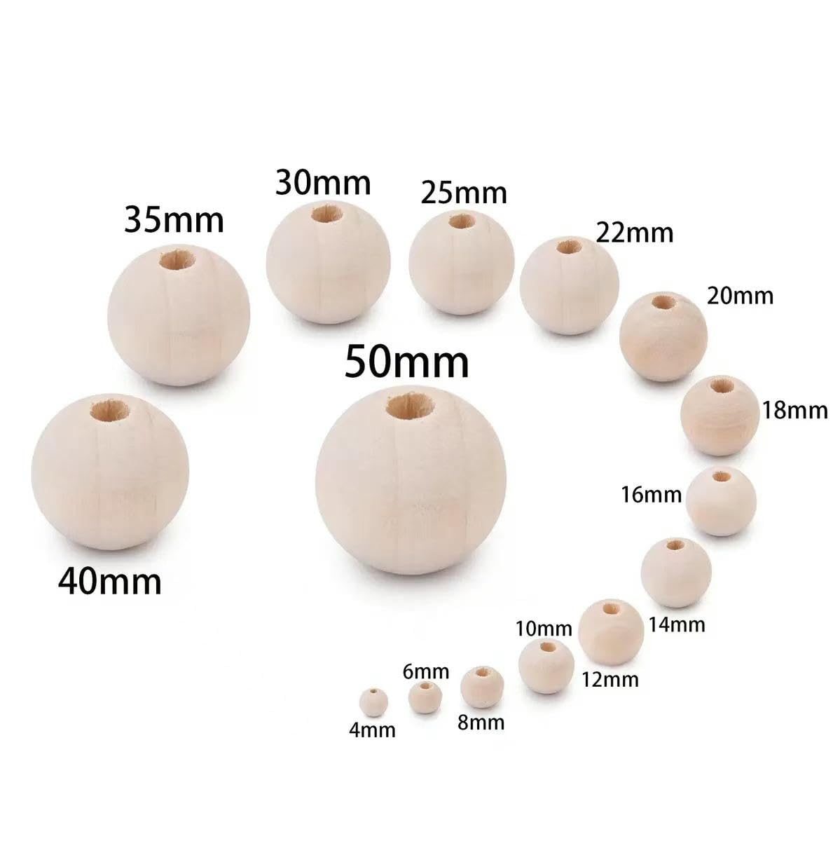 100 sztuk okrągłych koralików z naturalnego drewna 6-50 mm, z otworami do nawlekania drewnianych koralików, do DIY akcesoriów do bransoletek i naszyjników