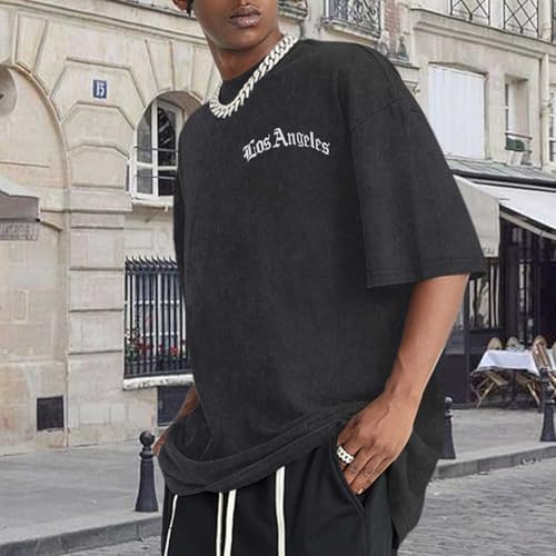 Bobeutou Oversized Vintage Graphic Tees for Men Los Angeles Shirt Acid Wash Tshirt Letter T-Shirt Grunge Crew Neck Tops2