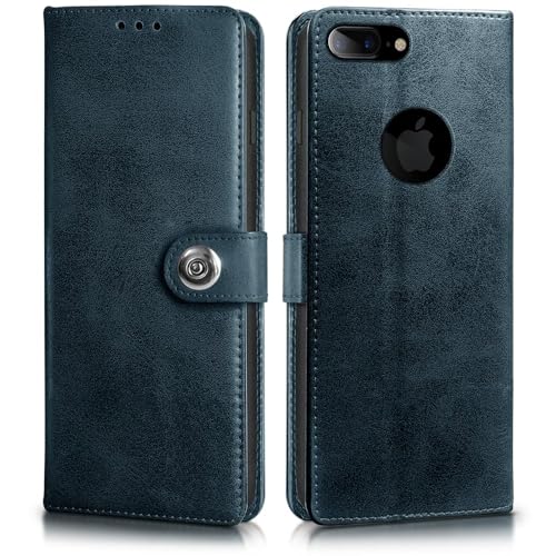 Image of WOW IMAGINE Shock Proof Flip Cover Back Case for Apple iPhone 7 Plus | 8 Plus (Designer Magnetic Button Flip Case | Inbuilt Wallet Pockets & Stand | Leather Finish | Oxford Blue)
