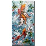 Yotree Wall Art, 24x48 Inch Paintings Oil Hand Painting Color Fishes Painting 3D Hand-Painted On Canvas Abstract Artwork Art Wood Inside Framed Hanging Wall Decoration Abstract Painting
