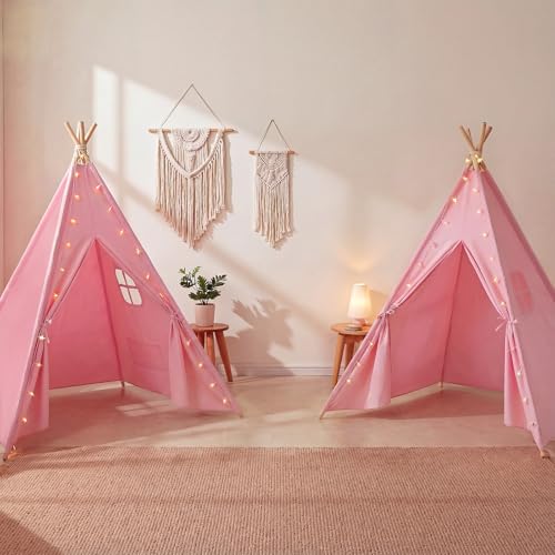 Wilwolfer 2 Pack Teepee Tent for Kids Slumber Party with Lights, Indoor Sleepover Play Tents for Girls, Foldable Toddler Playhouse for Sleepover Parties, Pink