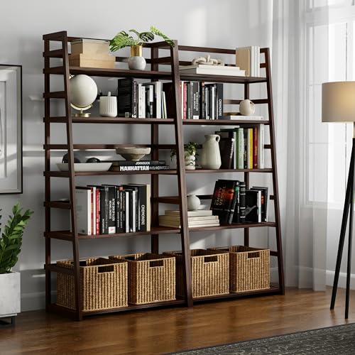 Image of SIMPLIHOME Acadian 30 inch Wide Ladder Bookcase in Brunette Brown (Set of 2)