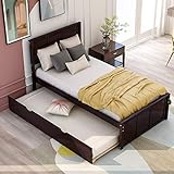 P PURLOVE Twin Bed Frame with Trundle,Solid Wood Day Bed Twin Size with Headboard,Twin Size Trundle Bed Frame for Kids Teens Adults Boys,Espresso