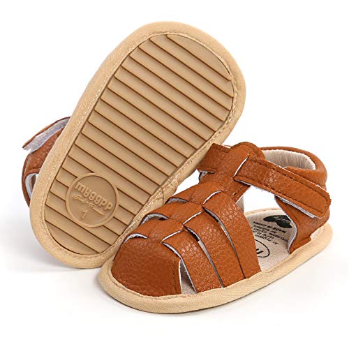 SOFMUO Baby Girls Boys Sandals Premium Soft Anti-Slip Rubber Sole Infant Summer Closed Toe Outdoor Shoes Toddler First Walkers(A6/Brown,12-18 Months)