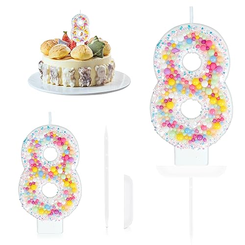Yiran Vela de cumpleaños con número 8, lentejuelas de perlas pastel, decoración de pastel para cumpleaños, niñas, aniversario, velas para tartas, decoraciones para tartas
