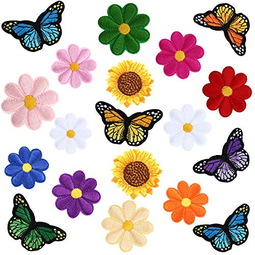 74 Pieces Decoration Sew Patches Set, Including 10 Pieces Butterfly Iron-on Patches, 60 Pieces Flower Embroidered Patch and 4 Sunflower Patch for Clothing, Jackets, Backpacks, Pants