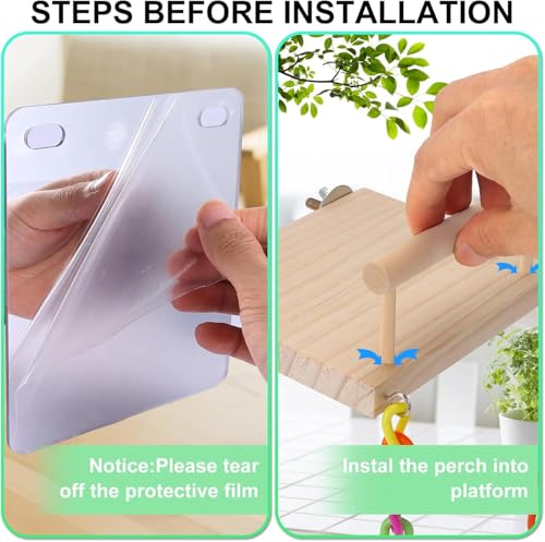 Image of KyoukiBird Perch Platform Bird Toys with Bird Mirror Climbing Ladder Swing, Parakeet Cage Accessories - for Cockatiels, Lovebirds, Budgies,Pacific Parrotlets,Finch,Canaries - Wooden Play Gym