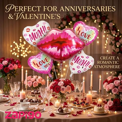 Image of Balloonistics Lips And Love Theme Balloon Bouquet Pack Of 5