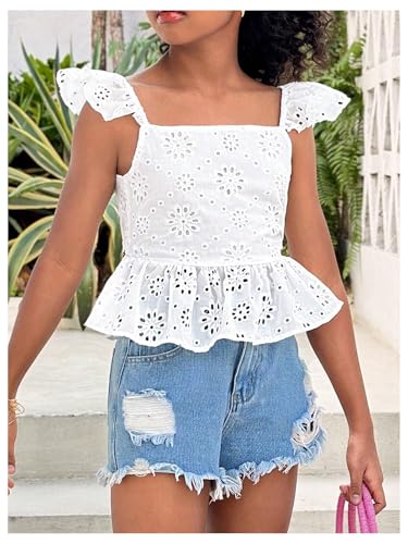 Floerns Girl's Cut Out Bow Tie Back Blouse Eyelet Embroidery Ruffle Cap Sleeve Boho Shirts2