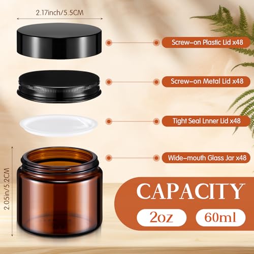 Domensi 48 Pcs 2 oz Amber Glass Jars with Sturdy Lids in 2 Materials Leakproof Empty Cosmetic Jars with Inner Liners Lid for Handmade Face Cream Lotions Powder Oils Spices Ointments Candle Paint2