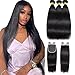 Gabrielle (16 18 20+14 Inch) Brazilian Remy Human Straight Hair Bundles With Lace Closure 4x4 Free Part 7A+ 100% Unprocessed Brazilian Virgin Human Hair Weave Extensions Natural Color Total 330g
