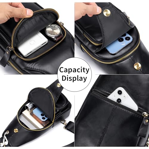 Image of Mens Sling Bag Genuine Leather Crossbody Bags for Men Small Sling Chest Backpack Casual Man Bag Hiking Outdoor, Black