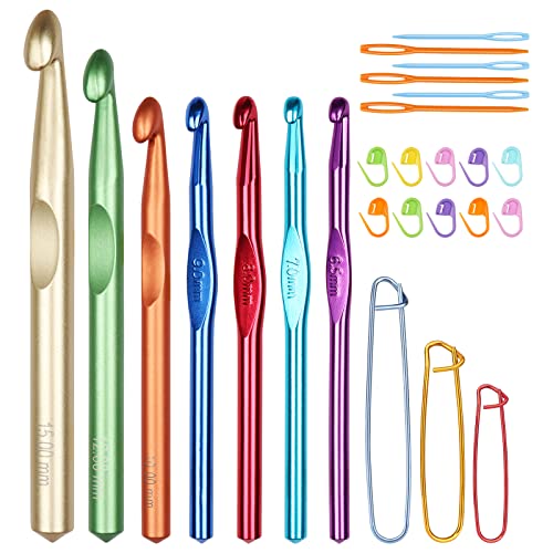 Aeelike Large Crochet Hooks 26pcs Huge Metal Crochet Hook Set - Aluminum Crochet Needle for Thick Bulky Yarn Blankets - Beginners Big Crochet Set Size 6.5mm 7mm 8mm 9mm 10mm 12mm 15mm