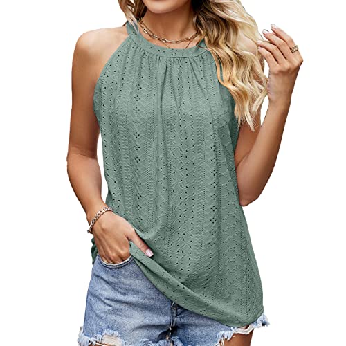 BKEPDY Camiseta Tirantes Mujer Tank Top Camisola Verano Cuello Halter Blusa sin Mangas Bordado Calado Tops Elegante Ropa Casual Deporte Algodon