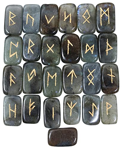 Crocon Labradorite Rectangle Shape Gemstone Rune Stones with Elder Futhark Alphabet Engraved 25 pcs Rune Set Crystal Divination Metaphysical Healing Chakra Reiki Runes Set with a Pouch Size: 21-26mm