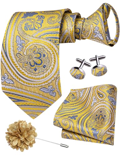Image of Hi-Tie Zipper Ties for Men Pre-tied Tie Set Lapel Pin Pocket Square and Cufflinks Formal Business Wedding Adjustable Necktie