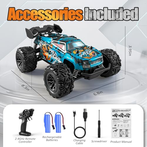 Image of RC Cars Monster Remote Control Car 2.4GHz 2WD Power Dragon RC Truck 20 KM /H All-Terrain RC Monster Truck, 2 Batteries for 40mins Car Toys Gift for Beginner(RTR /Blue