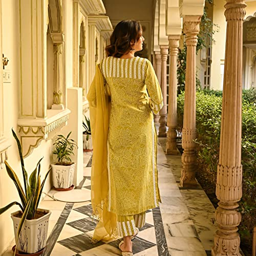 Image of Royal Export Women's Floral Printed Straight Kurta Pant Dupatta Set | Ethnic Kurta Set for Women | Cotton Blend 3 /4 Sleeve Regular Fit | Mustard