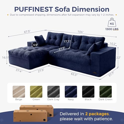 Image of MAXYOYO 104 inch L Shaped Modular Sectional Sofa with Ottoman, Tufted Boneless Couch with Layered Cushion, Upholstered Flexible Module Combination Sofa for Living Room, No Assembly, Navy