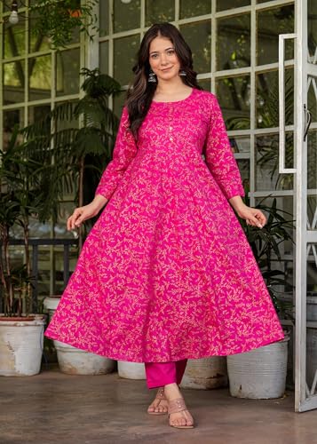 Image of PARTHVI Women's Printed Cotton Anarkali Kurta & Pant With Dupatta Set