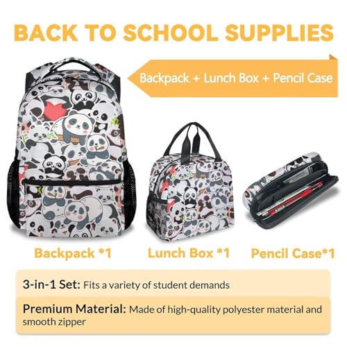 Panda Backpack with Lunch Box Set for Girls, 3 in 1 School Backpacks Matching Combo, Cute Black Bookbag and Pencil Case Bundle3