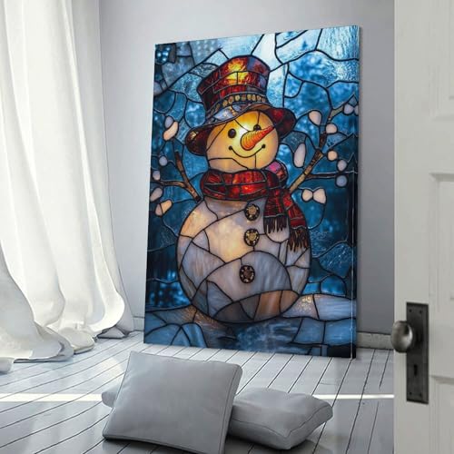 Toile bonhomme de neige style vitrail pour décorer un salon chaleureux 40x60cm
