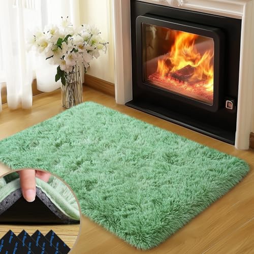 Green Rugs for Bedroom, 2x3 Feet Fluffy Area Rugs for Living Room, Soft Shag Kids Rug Small Carpet with 4 Non-Slip Rug Pads (2ft x 3ft, Green)
