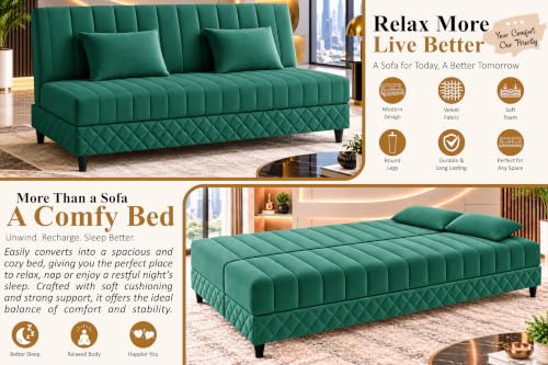 Image of 3-Seater Velvet Sofa Cum Bed | Tufted Convertible Sleeper Sofa | Plush Cushioned Seating | Space-Saving Design for Living Room, Bedroom & Office | Green