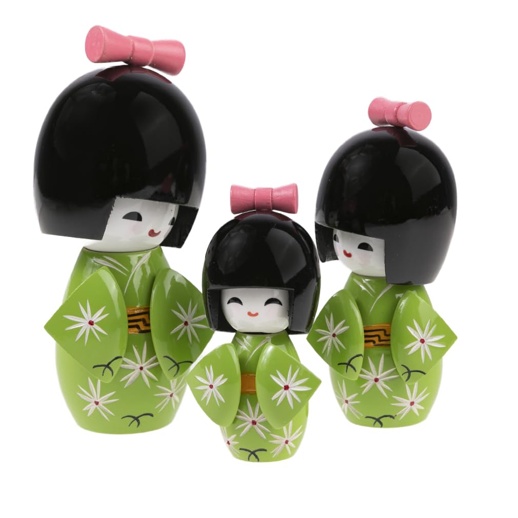 lachineuse - Trio Kokeshi giapponesi - Bambole giapponesi in legno - Kimono verde e fiori di ciliegio - Statuine decorative giapponesi - Idea regalo originale per decorazioni asiatiche
