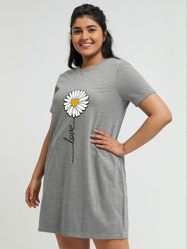 Image of Fflirtygo Women's Cotton Nighty | Printed Knee Length Nighty | Short Sleeve Nighty | Short Nightdress | Long T-Shirt | Regular Fit Night Gown | Nightwear | Sleepwear & Casual Wear Nighty