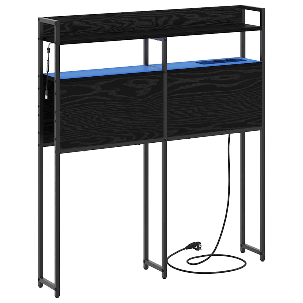 Testiera moderna effetto rovere nero 90 cm di larghezza, in legno con illuminazione a LED e stazione di ricarica per camera da letto