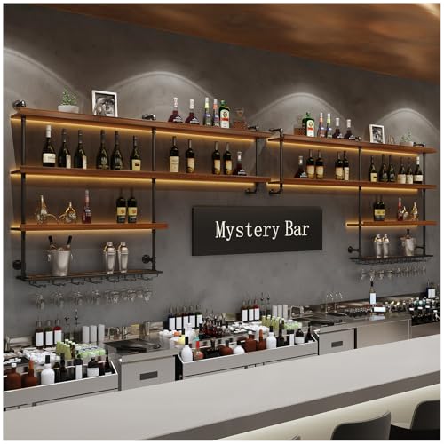 260cm Estante almacenamiento de vino de gran capacidad montado pared con luz LED,Botelleros Pared con portavasos,estantes flotantes 4 niveles para botellas de licor, para hogar Restaurante Bar (260cm)