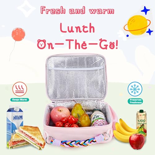 DWBAG Lunch Bag Kids,Insulated Lunch Bag for Girls with Shoulder Strap,Easy Holds Lunch Box,Snacks and Water Bottle Together,Keep Foods Fresh in School or Picnic (Pink)