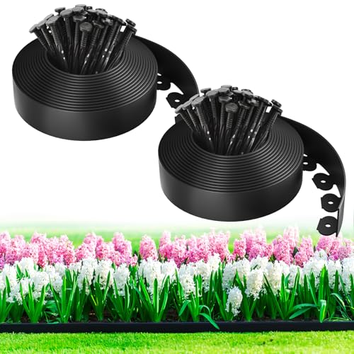 MIXC 66ft, 1.5in Tall Landscape Edging Kit with 100 Spikes, Not Digging Flexible Plastic Edge Border for Landscaping, Lawn, Garden, Flower Beds, Yard, Paver, Playground, Fence, Pathway,2pack,33ft Each