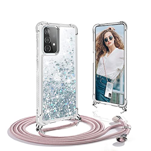 Funda con Cuerda para Samsung Galaxy A33 5G, Carcasa Brillante liquida Arena Movediza Niñas Antigolpes TPU Suave Silicona Case con Colgante Ajustable Cordón para Samsung Galaxy A33 5G Cover