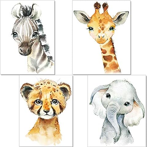 artpin® Set of 4 Pictures for Children's Room Decorative Boy Girl DIN A4 Poster Baby Jungle Animals Safari Africa Wall Pictures Elephant Tiger Giraffe Zebra P35 Cover