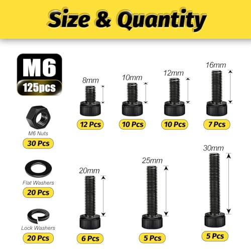 Image of Kadrick M6 Screws Kit 125PCS, Optimized Socket Head Cap Screws Assortment with Higher Screw Ratio, Class 12.9 Alloy Steel, Black Zinc Plated M6 Bolts Nuts & Washers for Mechanical, Repair & DIY Use